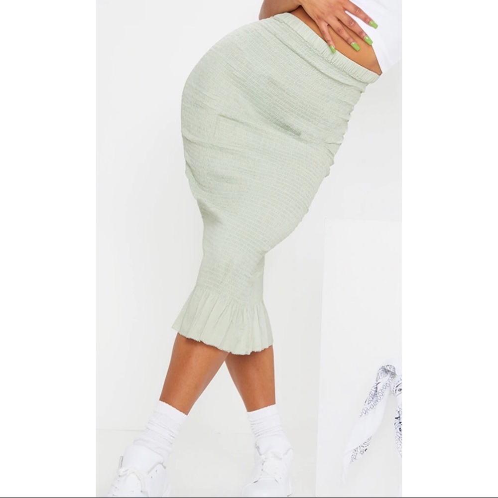 Sage green shirred frill hem midi skirt